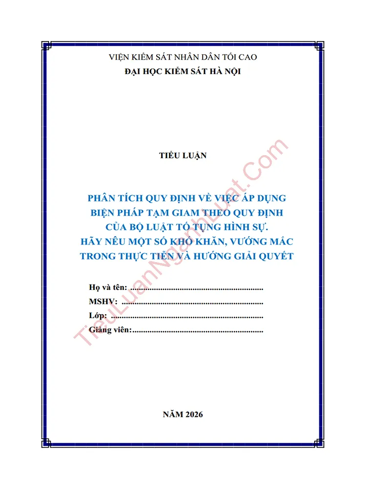 Tiểu luận Quy định về việc áp dụng biện pháp tạm giam – Khó khăn, vướng mắc trong thực tiễn và hướng hoàn thiện