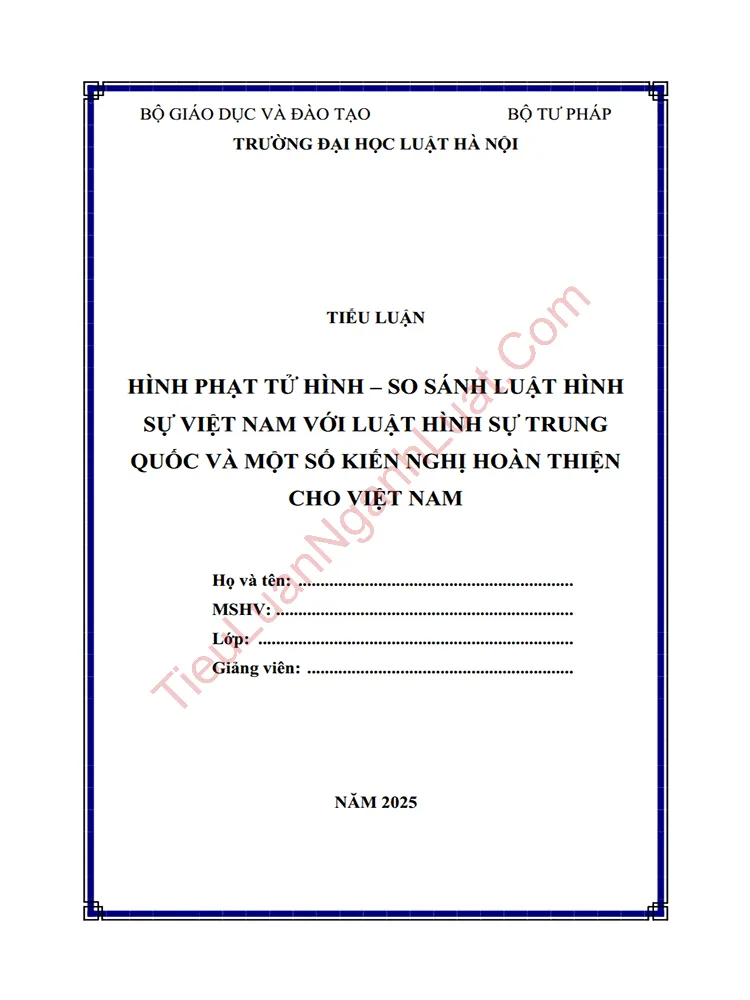 Tiểu luận: Hình phạt tử hình – So sánh luật hình sự Việt Nam với luật hình sự Trung Quốc và một số kiến nghị hoàn thiện cho Việt Nam
