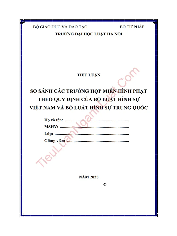 Tiểu luận: So sánh các trường hợp miễn trách nhiệm hình sự theo Bộ luật Hình sự Việt Nam và Bộ luật Hình sự Trung Quốc