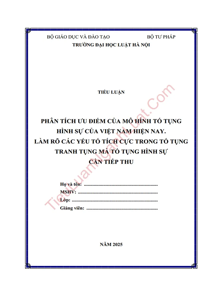 Tiểu luận: Phân tích ưu điểm của mô hình tố tụng hình sự của Việt Nam hiện nay. Làm rõ các yếu tố tích cực trong tố tụng tranh tụng mà tố tụng hình sự cần tiếp thu?