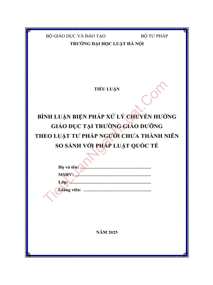 Tiểu luận: Biện pháp xử lý chuyển hướng giáo dục tại trường giáo dưỡng theo Luật Tư pháp người chưa thành niên so sánh với pháp luật quốc tế