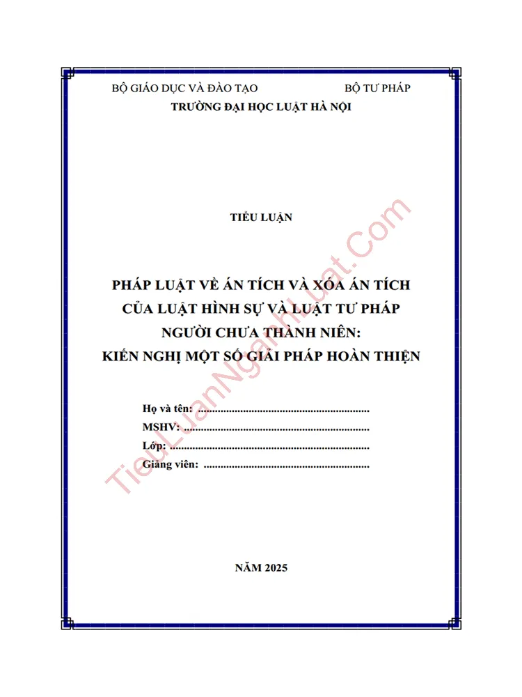 Tiểu luận: Pháp luật về án tích và xóa án tích của Luật Hình sự và Luật Tư pháp người chưa thành niên: Kiến nghị một số giải pháp hoàn thiện pháp luật