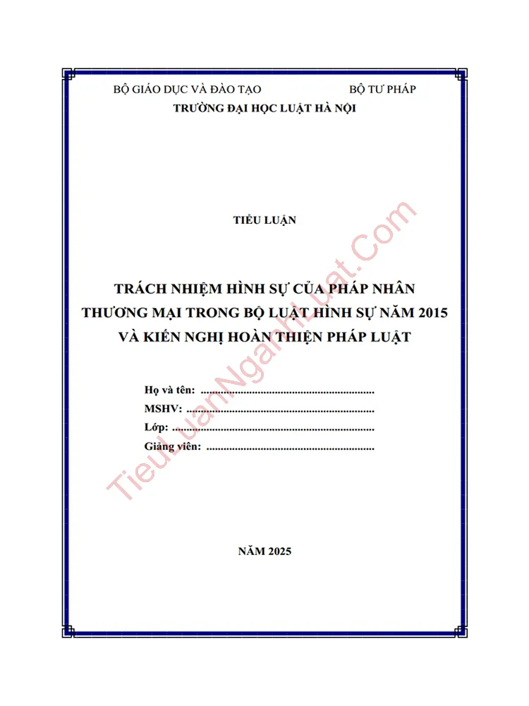 Tiểu luận: Trách nhiệm hình sự của pháp nhân thương mại trong Bộ luật Hình sự 2015: Kiến nghị hoàn thiện pháp luật