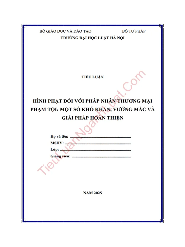 Tiểu luận: Hình phạt đối với pháp nhân thương mại phạm tội – Một số khó khăn, vướng mắc và kiến nghị hoàn thiện
