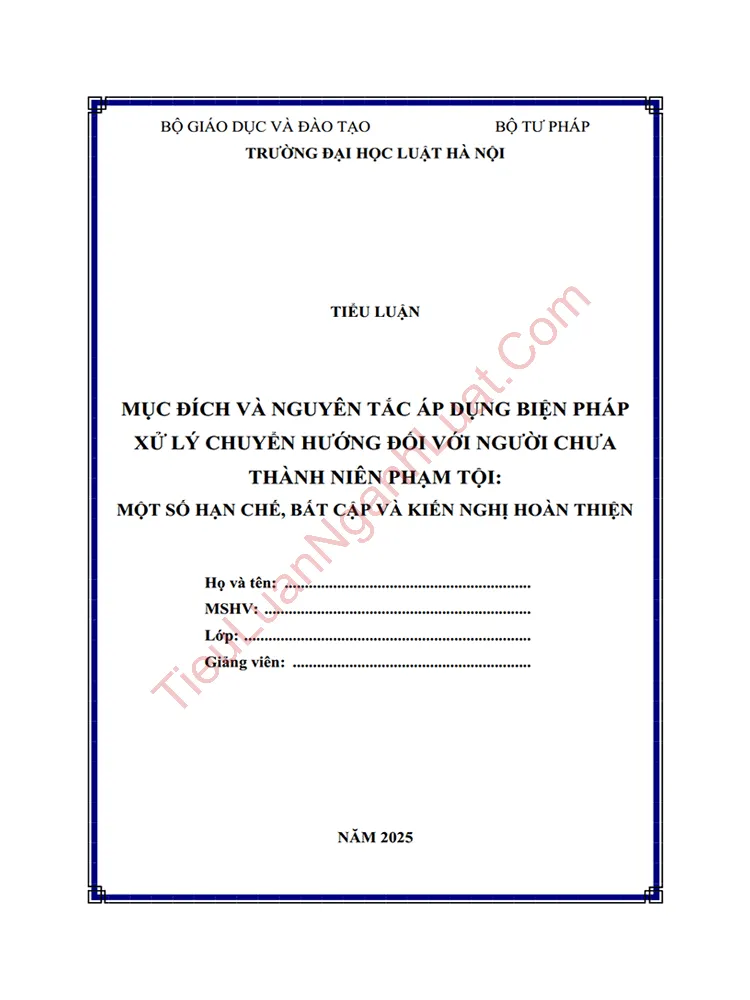 Tiểu luận: Mục đích và nguyên tắc áp dụng biện pháp xử lý chuyển hướng đối với người chưa thành niên phạm tội theo quy định của Luật Tư pháp người chưa thành niên 2024 – Một số hạn chế, bất cập và kiến nghị hoàn thiện