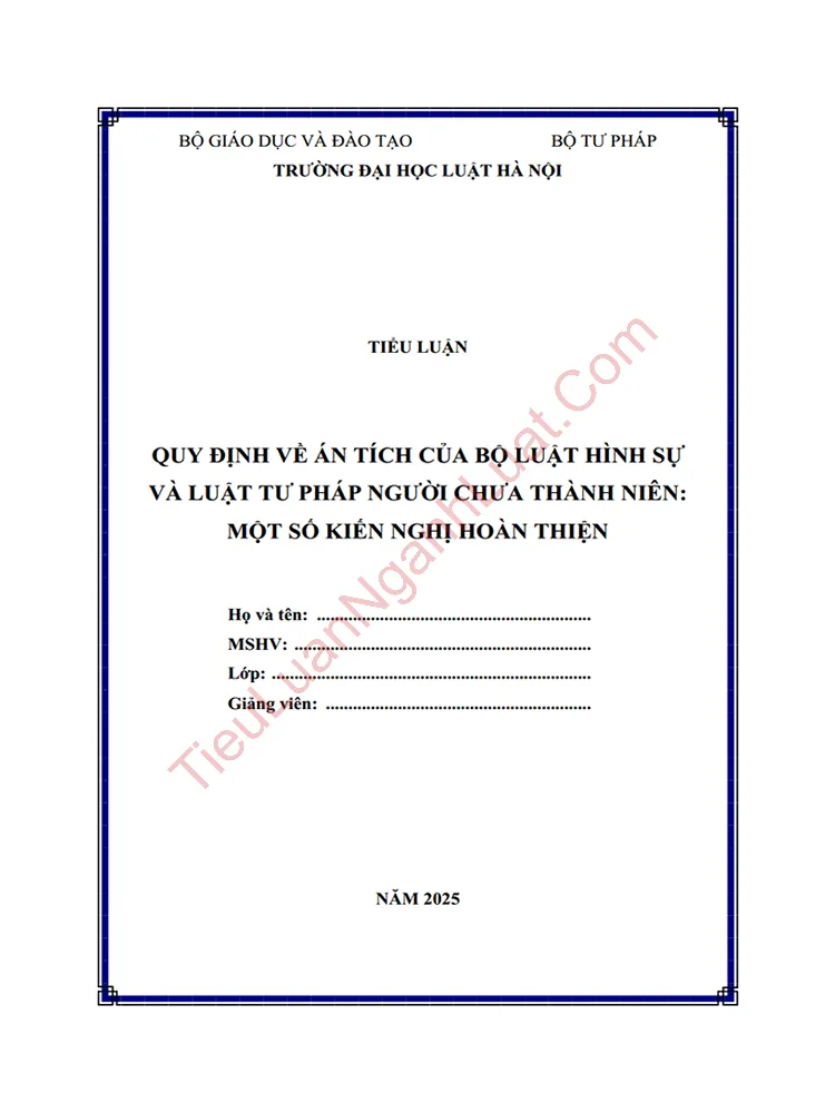 Tiểu luận: Quy định về án tích trong Bộ luật Hình sự và Luật Tư pháp người chưa thành niên – Một số kiến nghị hoàn thiện