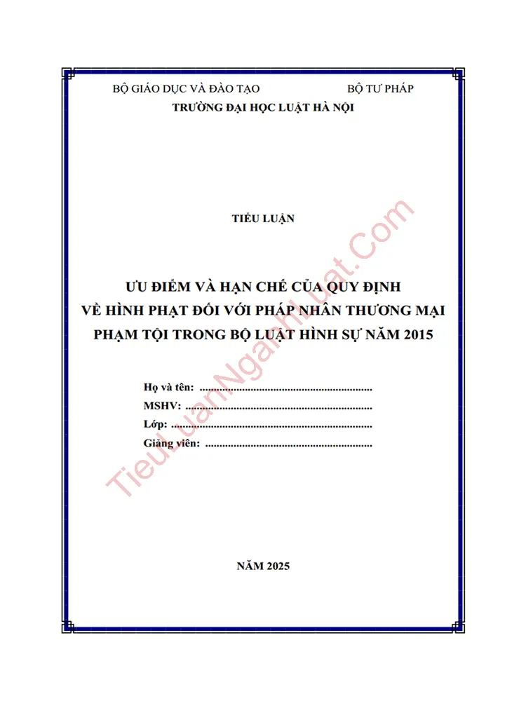 Tiểu luận: Ưu điểm và hạn chế của quy định về hình phạt đối với pháp nhân thương mại phạm tội trong Bộ luật Hình sự 2015