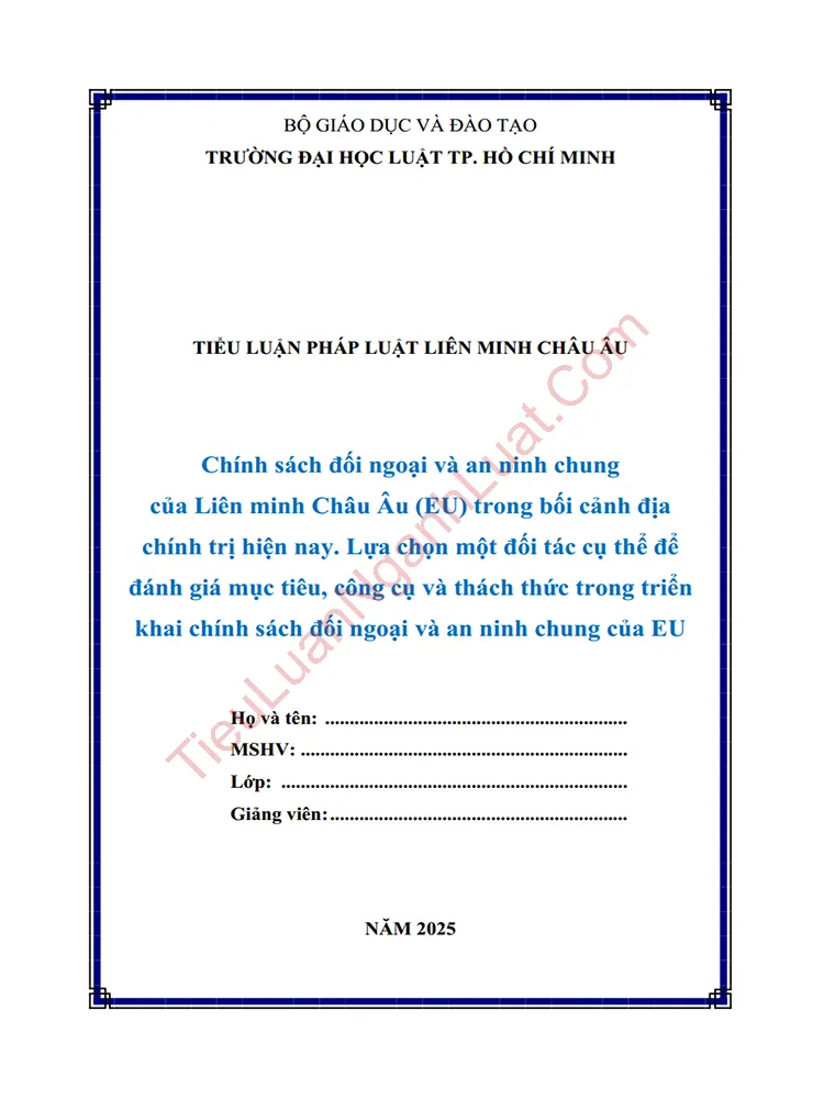 Tiểu luận: Chính sách đối ngoại và an ninh chung của Liên minh Châu Âu (EU) trong bối cảnh địa chính trị hiện nay. Lựa chọn một đối tác cụ thể để đánh giá mục tiêu, công cụ và thách thức trong triển khai chính sách đối ngoại và an ninh chung của EU?