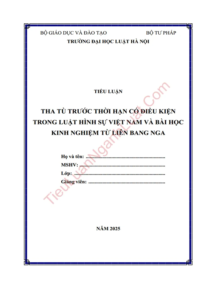 Tiểu luận: Tha tù trước thời hạn có điều kiện trong Luật Hình sự Việt Nam và bài học kinh nghiệm từ Liên Bang Nga