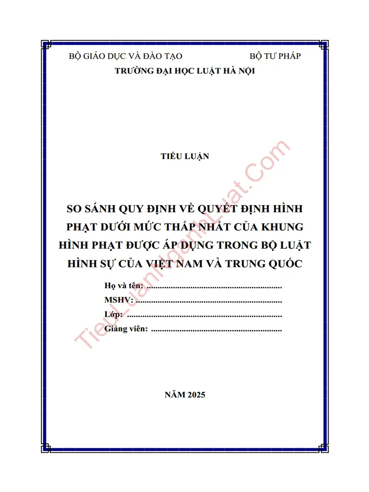 Tiểu luận: So sánh quy định về quyết định hình phạt dưới mức thấp nhất của khung hình phạt được áp dụng trong Bộ luật Hình sự của Việt Nam và Trung Quốc
