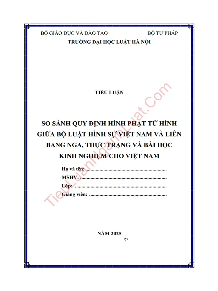 Tiểu luận: So sánh quy định hình phạt tử hình giữa Bộ luật Hình sự Việt Nam và Liên Bang Nga, thực trạng và bài học kinh nghiệm cho Việt Nam về việc áp dụng hình phạt tử hình